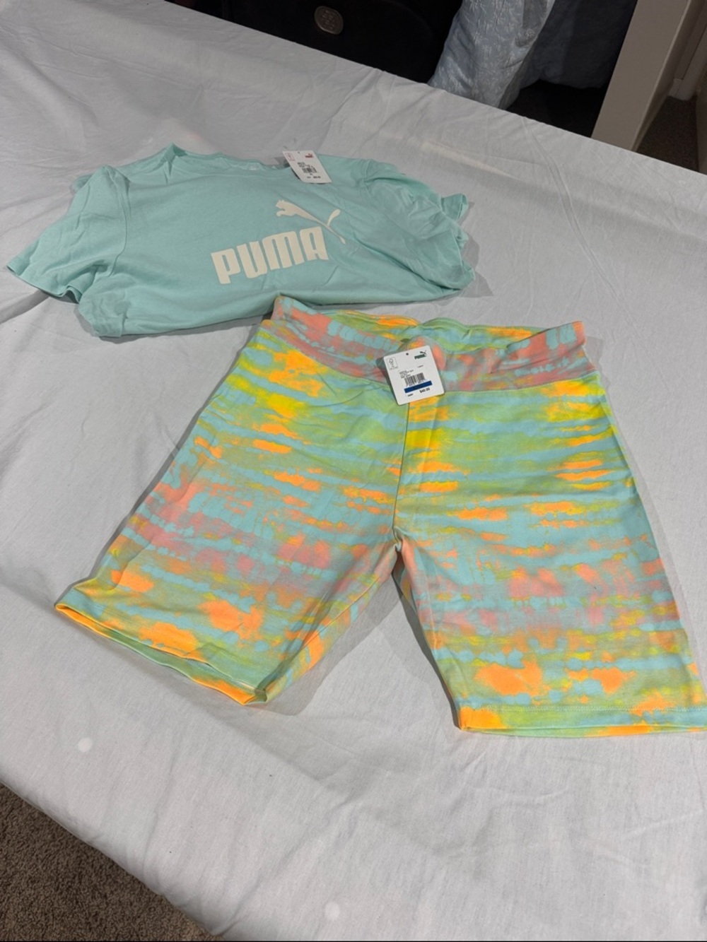 Puma Pastel Mint Logo Tee with Multicolor Tie-Dye Bike Shorts